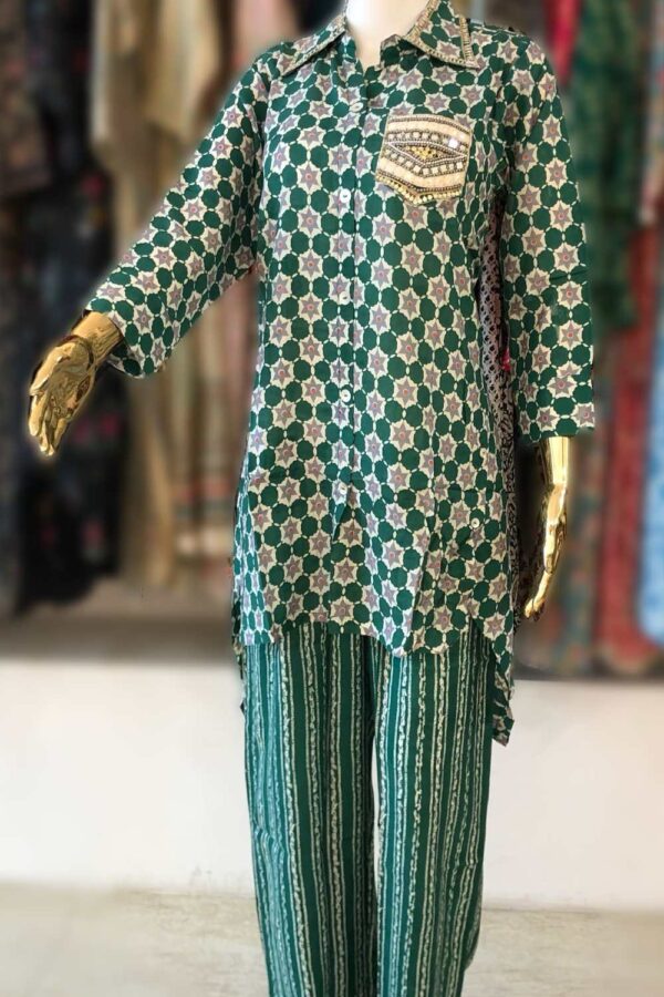 Green Pure Muslin Silk Embroidered Co-Ord Set