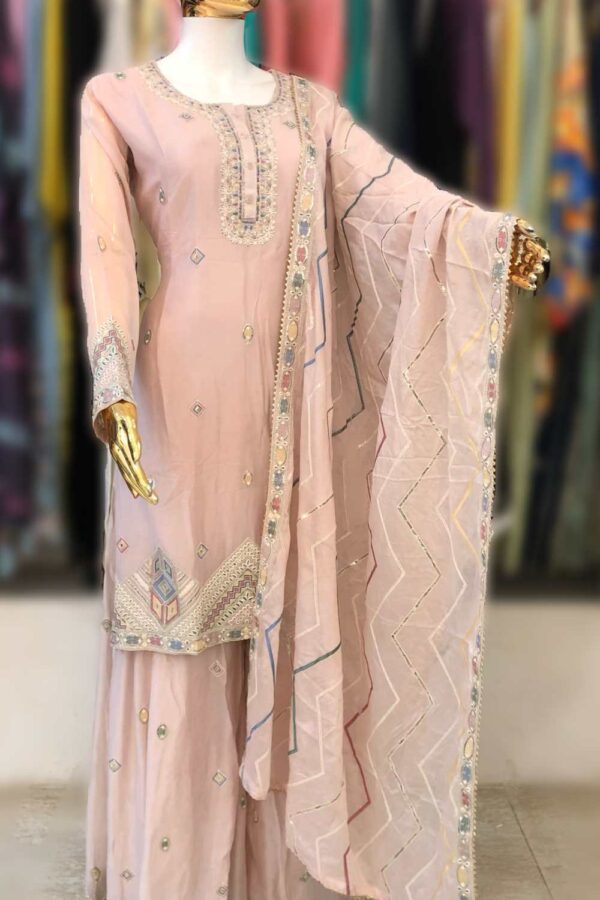 Pink Chinon Embroidered Sharara Set #1065