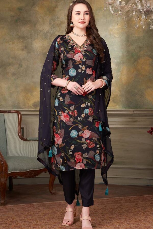 Black Floral Pure Chinon Suit Set #1341