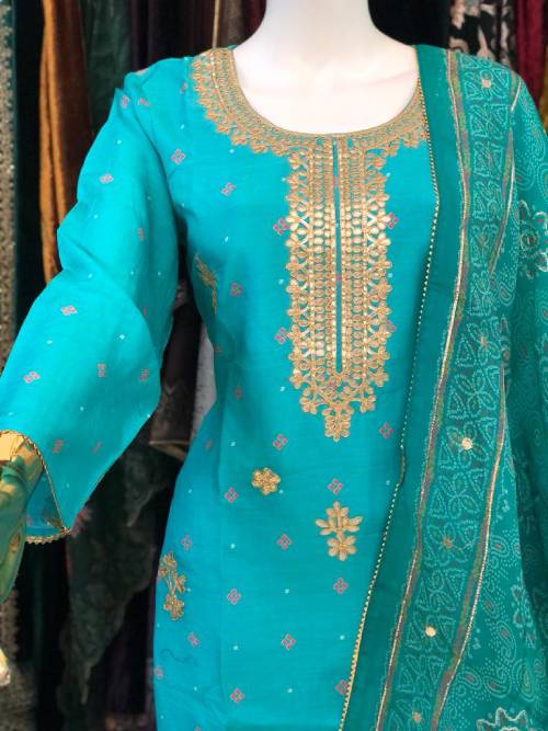 Blue Muslin Bandhani Gotta Suit Set #1330