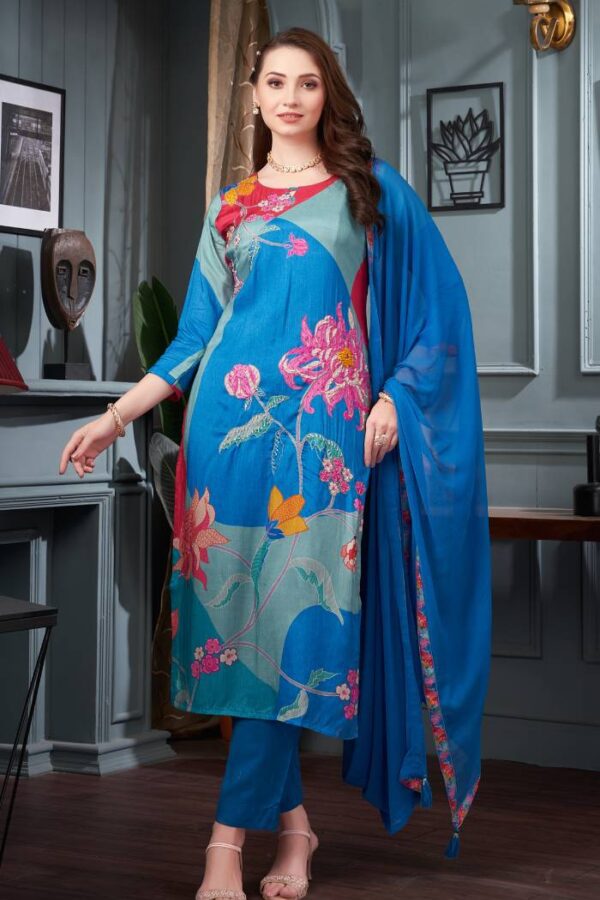 Blue Floral Printed Muslin Suit Set #1378