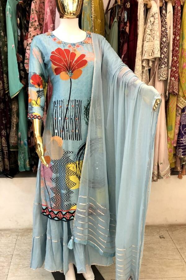 Blue Pure Muslin Designer Gown set #1395