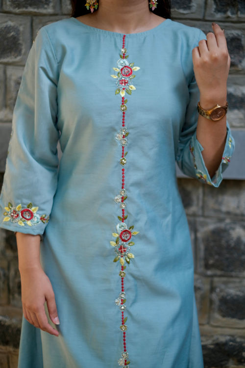 Cotton Silk A line Embroidered Kurta Set #1439