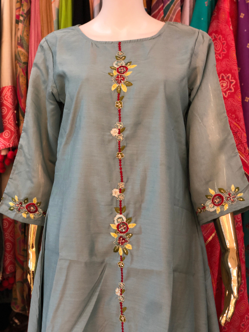 Cotton Silk A line Embroidered Kurta Set #1439